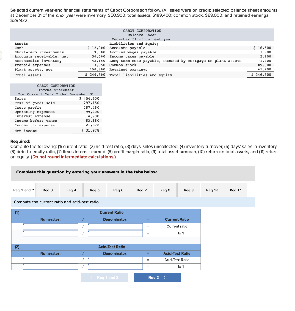 Selected Current Year End Financial Statements Of Cabot Corporation Follow All Sales Were On Credit Selected Balance 1