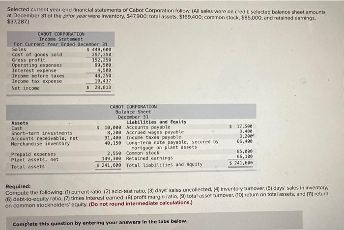 Selected Current Year End Financial Statements Of Cabot Corporation Follow All Sales Were On Credit Selected Balance 1