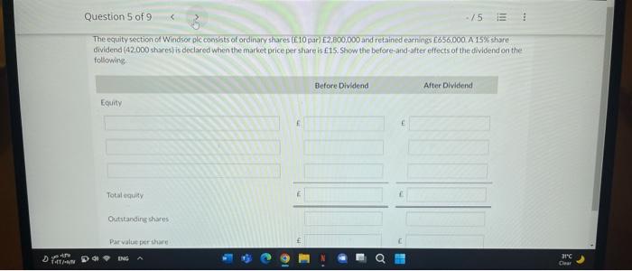 Question 5 Of 9 5 The Equity Section Of Windsor Ple Consists Of Ordinary Shares 10 Par E2 800 000 And Retained Ea 1