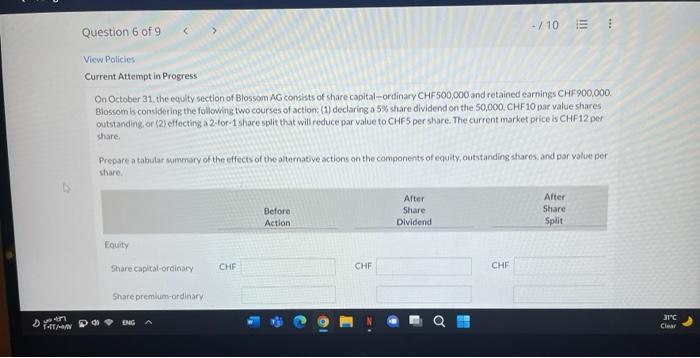 10 Iii Question 6 Of 9 View Policies Current Attempt In Progress On October 31 The Equity Section Of Blossom Ag Con 1