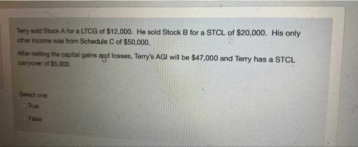 Terry Sold Stock A For A Ltcg Of 12 000 He Sold Stock B For A Stcl Of 20 000 His Only Other Income Was From Schedule 1