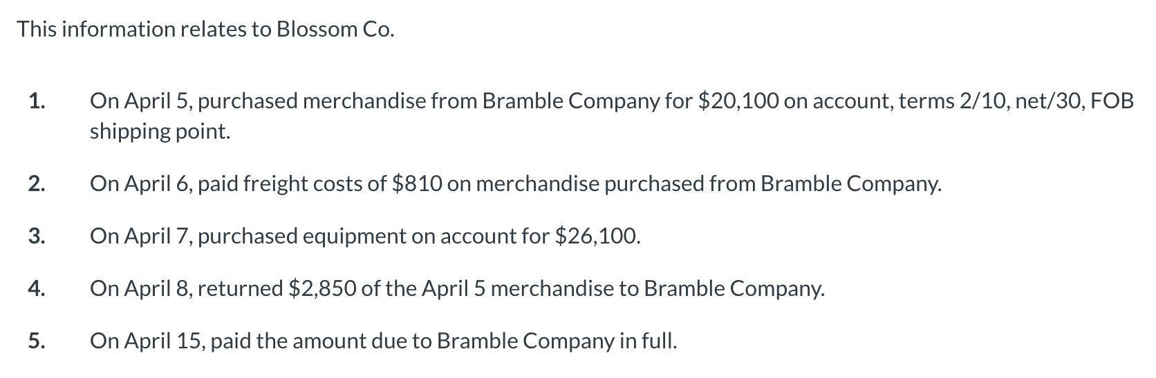 This Information Relates To Blossom Co 1 On April 5 Purchased Merchandise From Bramble Company For 20 100 On Account 1