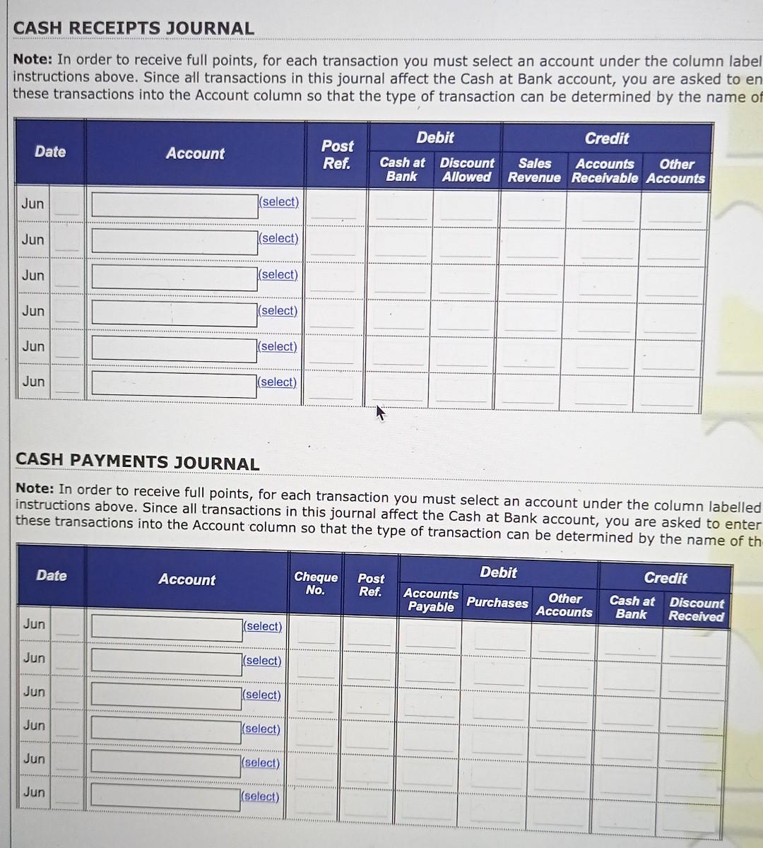 Cash Receipts Journal Note In Order To Receive Full Points For Each Transaction You Must Select An Account Under The C 1