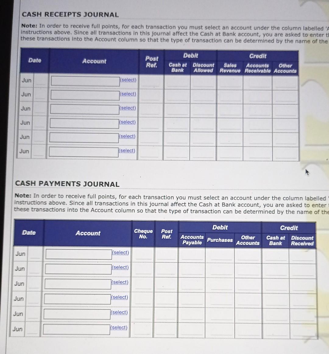 Cash Receipts Journal Note In Order To Receive Full Points For Each Transaction You Must Select An Account Under The C 6