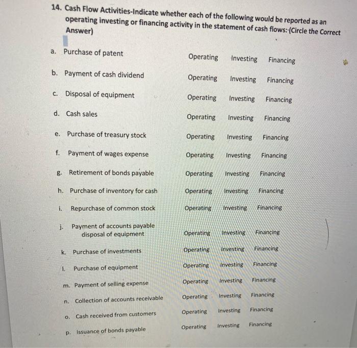 14 Cash Flow Activities Indicate Whether Each Of The Following Would Be Reported As An Operating Investing Or Financing 1