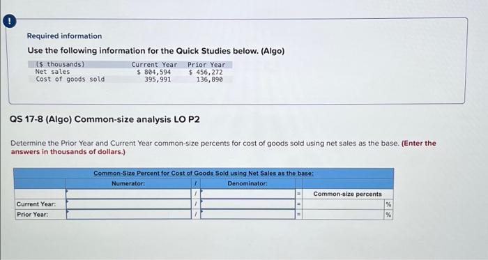 Required Information Use The Following Information For The Quick Studies Below Algo S Thousands Current Year Prior 2