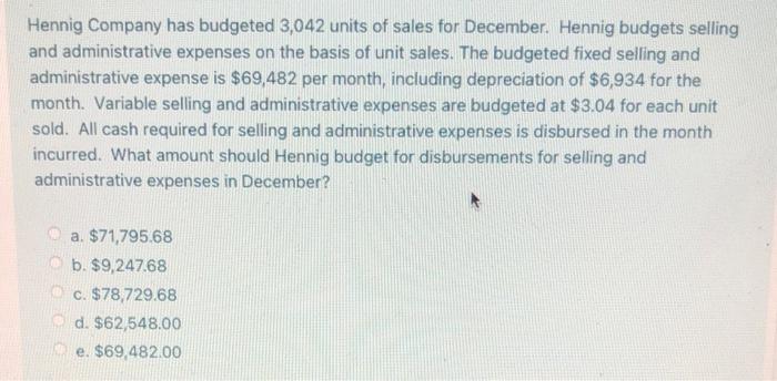 Hennig Company Has Budgeted 3 042 Units Of Sales For December Hennig Budgets Selling And Administrative Expenses On The 1