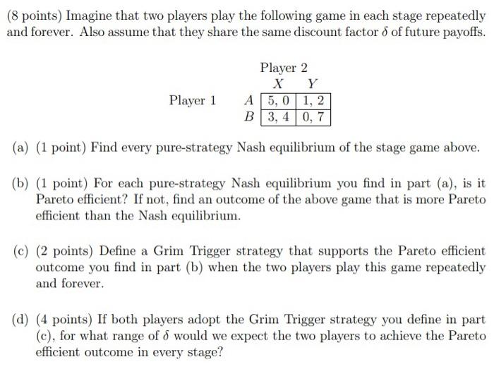 8 Points Imagine That Two Players Play The Following Game In Each Stage Repeatedly And Forever Also Assume That They 1