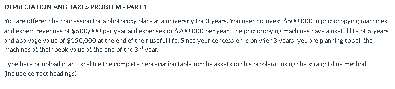 Depreciation And Taxes Problem Part 1 You Are Offered The Concession For A Photocopy Place At A University For 3 Years 1