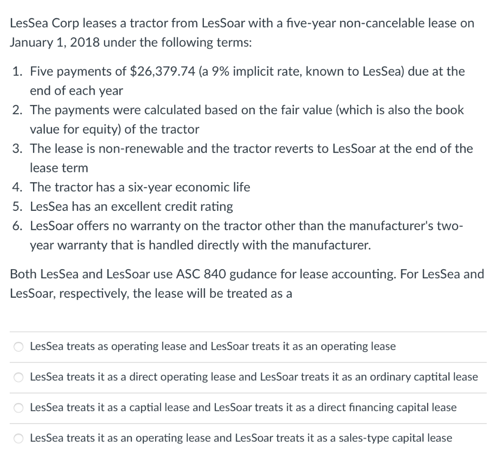 Lessea Corp Leases A Tractor From Lessoar With A Five Year Non Cancelable Lease On January 1 2018 Under The Following T 1