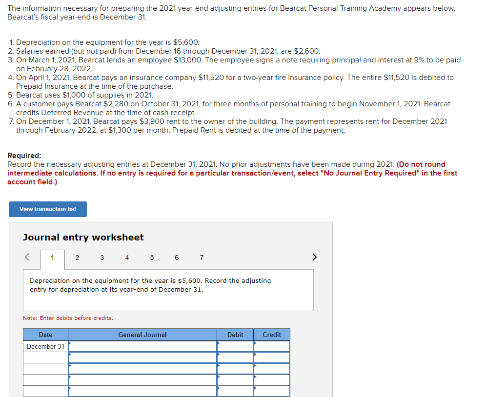 The Information Necessary For Preparing The 2021 Year End Adjusting Entries For Bearcat Personal Training Academy Appear 1