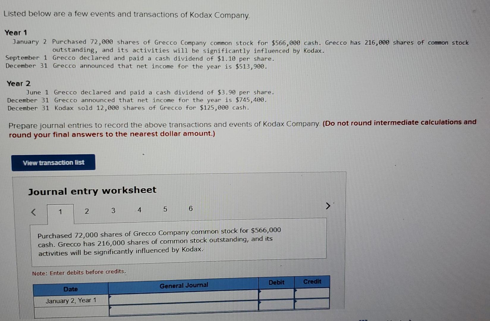 Listed Below Are A Few Events And Transactions Of Kodax Company Year 1 January 2 Purchased 72 000 Shares Of Grecco Compa 1