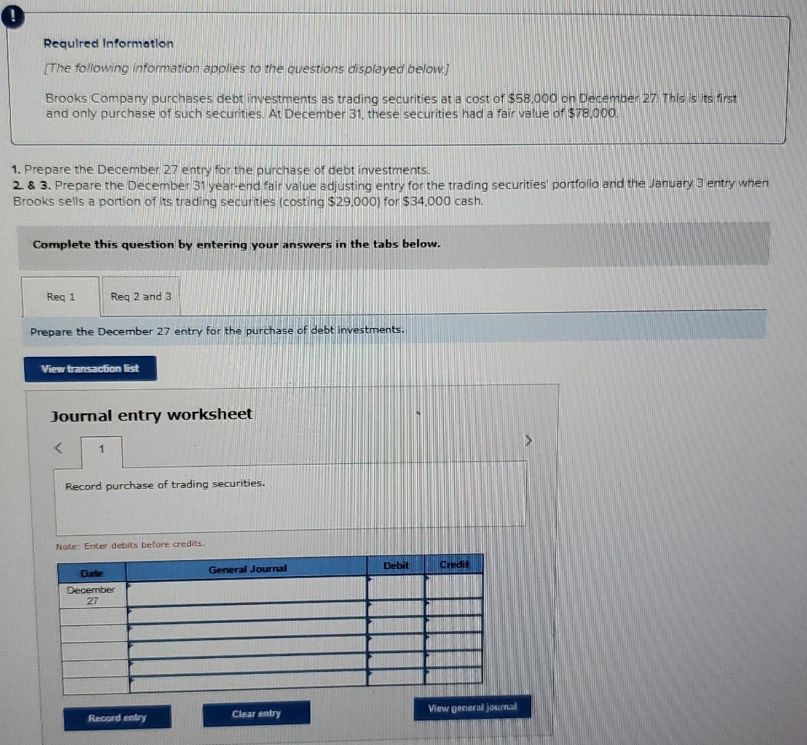 Required Information The Following Infomation Applies To The Questions Displayed Below Brooks Company Purchases Debt Inv 1