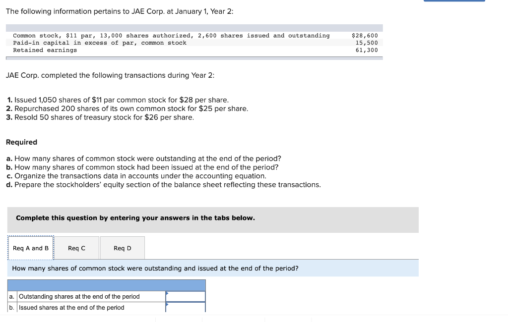 The Following Information Pertains To Jae Corp At January 1 Year 2 Common Stock 11 Par 13 000 Shares Authorized 2 1