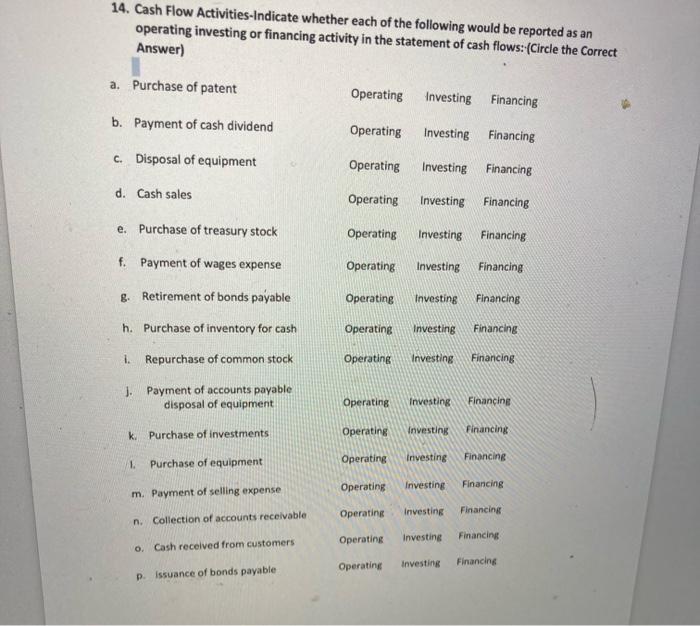 14 Cash Flow Activities Indicate Whether Each Of The Following Would Be Reported As An Operating Investing Or Financing 2