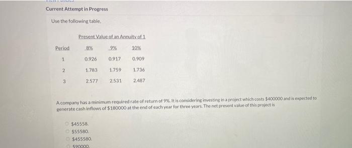 Current Attempt In Progress Use The Following Table Present Value Of An Annuity Of Period 8 9 10 1 0 926 0 917 0 909 1