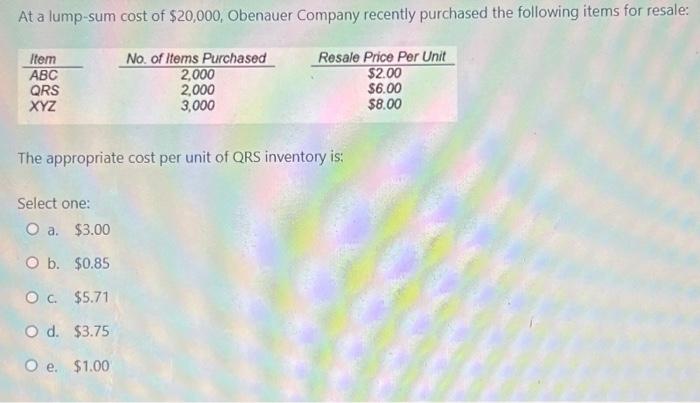 At A Lump Sum Cost Of 20 000 Obenauer Company Recently Purchased The Following Items For Resale Item Abc Qrs Xyz No 1