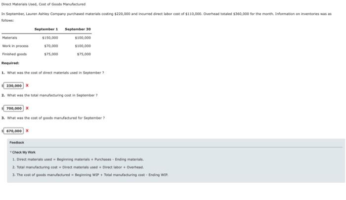 Direct Materials Used Cost Of Goods Manufactured In September Lauren Ashley Company Purchased Materials Costing 220 0 1