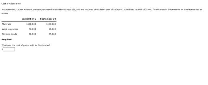 Direct Materials Used Cost Of Goods Manufactured In September Lauren Ashley Company Purchased Materials Costing 220 0 2