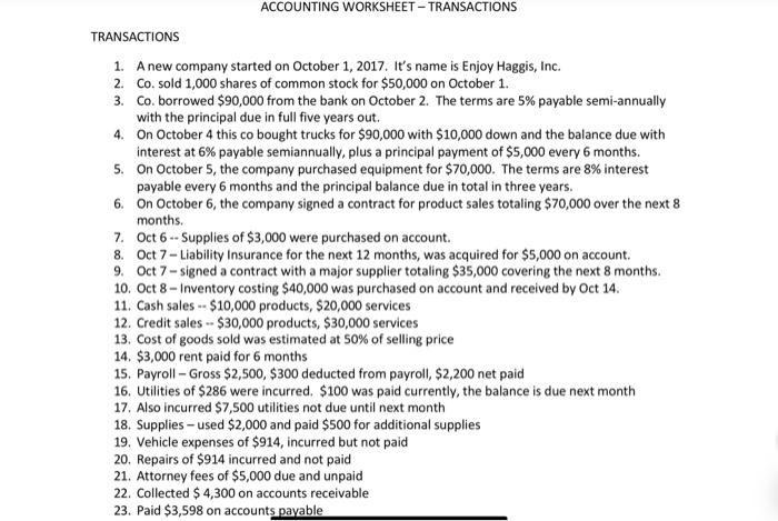 Accounting Worksheet Transactions Transactions 1 A New Company Started On October 1 2017 It S Name Is Enjoy Haggis 1
