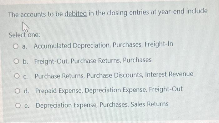 The Accounts To Be Debited In The Closing Entries At Year End Include Select One O A Accumulated Depreciation Purchas 1