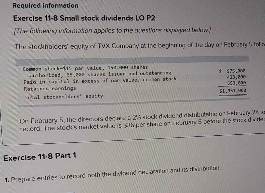 Required Information Exercise 11 8 Small Stock Dividends Lo P2 The Following Information Applies To The Questions Displ 1