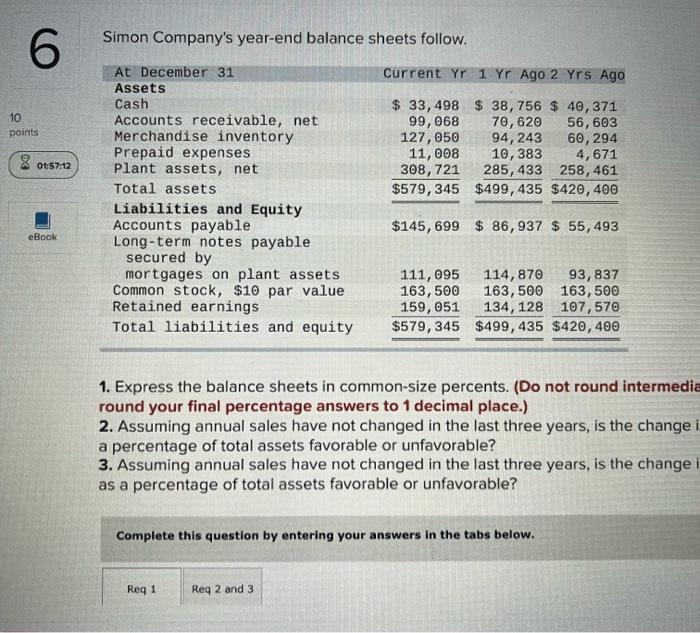 Simon Company S Year End Balance Sheets Follow 6 Current Yr 1 Yr Ago 2 Yrs Ago 10 Points 33 498 38 756 40 371 99 1