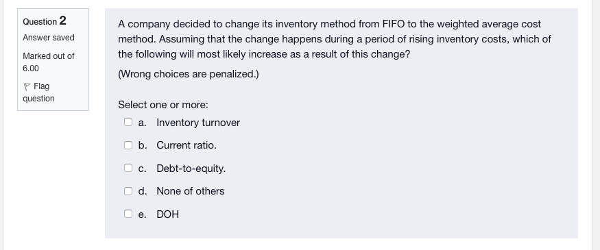 Question 2 Answer Saved Marked Out Of 6 00 Flag Question A Company Decided To Change Its Inventory Method From Fifo To T 1