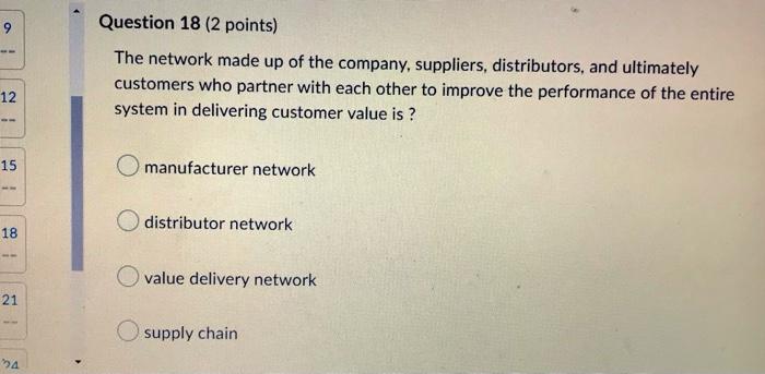 9 Question 18 2 Points The Network Made Up Of The Company Suppliers Distributors And Ultimately Customers Who Partn 1