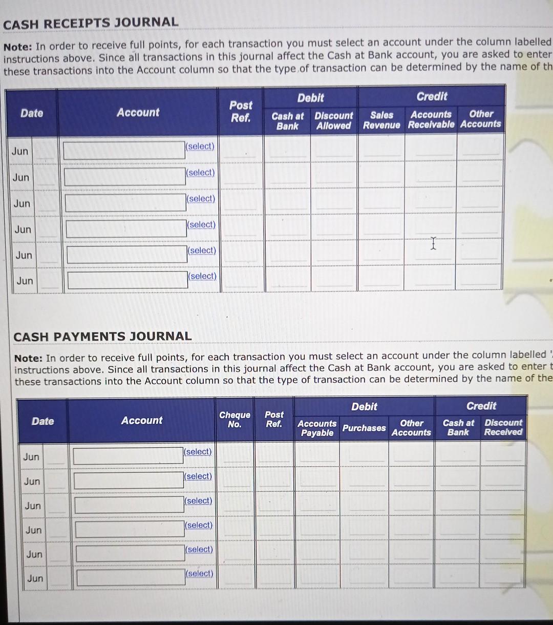 Cash Receipts Journal Note In Order To Receive Full Points For Each Transaction You Must Select An Account Under The C 1