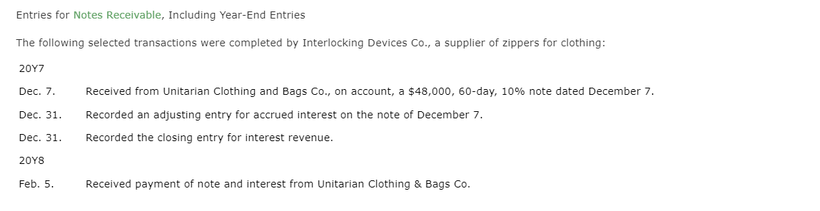 Entries For Notes Receivable Including Year End Entries The Following Selected Transactions Were Completed By Interlock 1