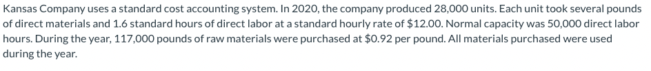 Kansas Company Uses A Standard Cost Accounting System In 2020 The Company Produced 28 000 Units Each Unit Took Severa 1
