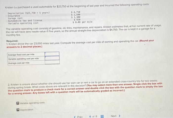 Kristen Lu Purchased A Used Automobile For 23 750 At The Beginning Of Last Year And Incurred The Following Operating Co 1