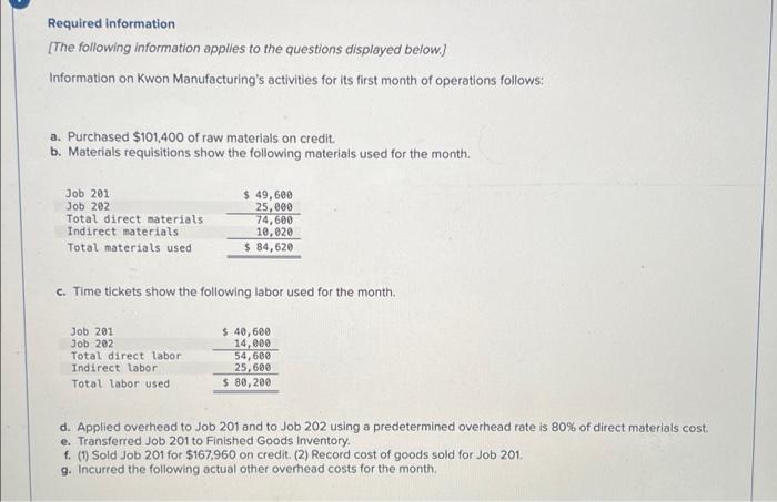 Required Information The Following Information Applies To The Questions Displayed Below Information On Kwon Manufactur 1
