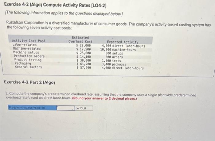 Exercise 4 2 Algo Compute Activity Rates L04 2 The Following Information Applies To The Questions Displayed Below 2