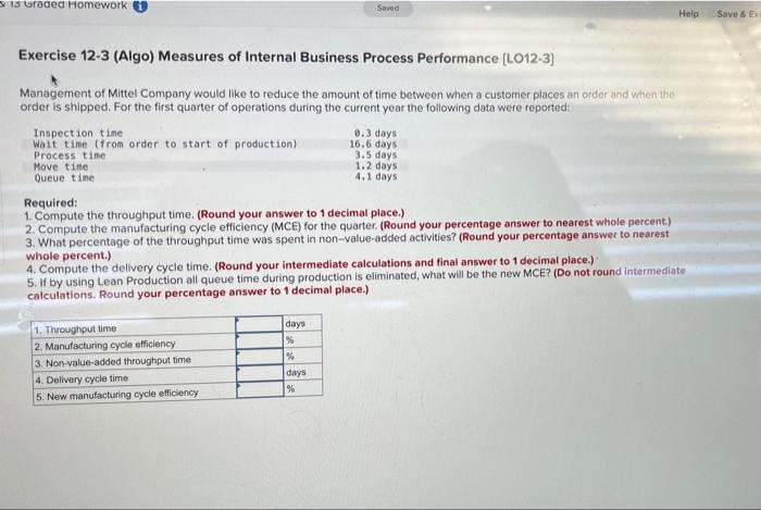 X 13 Graded Homework Saved Help Save Ex Exercise 12 3 Algo Measures Of Internal Business Process Performance L012 3 1