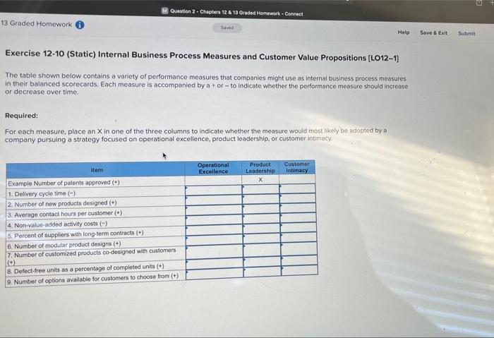 Question 2 Chapter 12 13 Graded Homework Connect 13 Graded Homework Help Save Exit Submit Exercise 12 10 Static 1