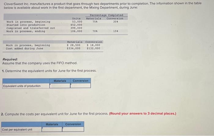 Clover Sweet Inc Manufactures A Product That Goes Through Two Departments Prior To Completion The Information Shown In 1