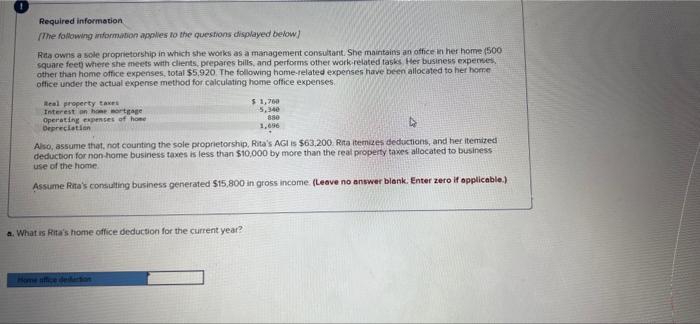 Required Information The Following Information Applies To The Questions Displayed Below Ria Owns A Sole Proprietorship 1