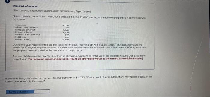 Required Information The Following Information Applies To The Questions Displayed Below Natalie Owns A Condominium Near 4