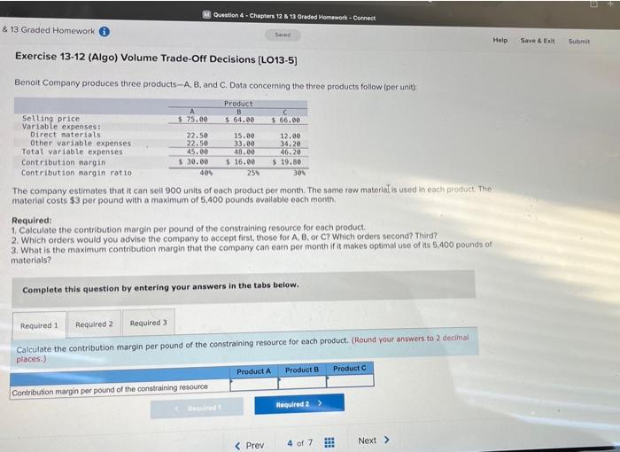 Question 4 Chapter 12 13 Graded Homework Connect 13 Graded Homework Seved Help Save Exit Submit Exercise 13 12 1