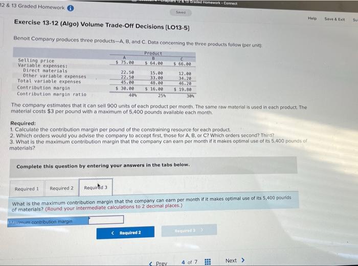Question 4 Chapter 12 13 Graded Homework Connect 13 Graded Homework Seved Help Save Exit Submit Exercise 13 12 3
