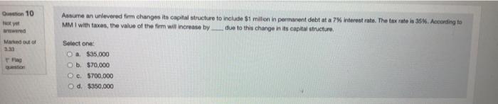 Question 10 Hotel Wwwered Mad Out Of Asume An Unlevered Firm Changes Its Capital Structure To Include 1 Milion In Perma 1