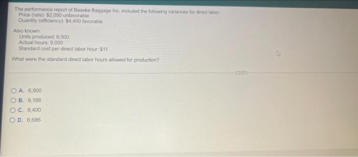 The Performance Report Of Bansko Baggage Inice Included The Following Variances For Direct Labor Price Rate 2 050 Un 1