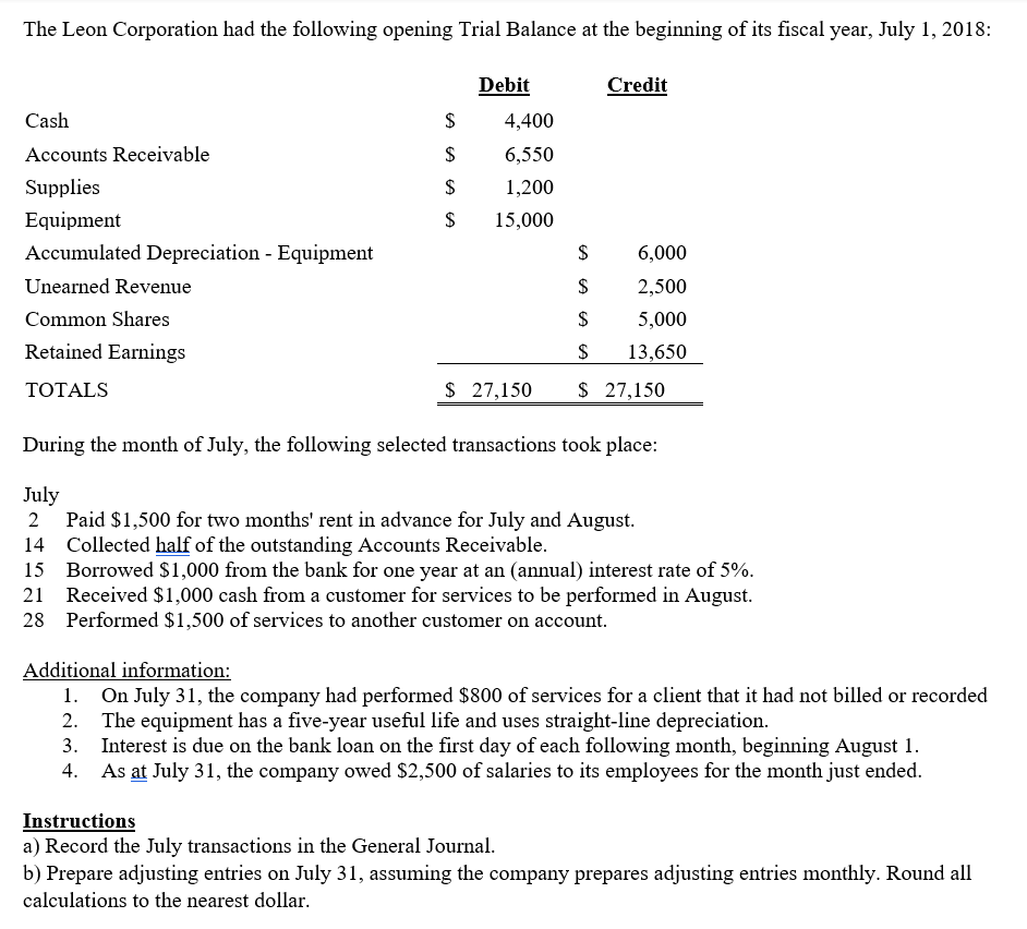 The Leon Corporation Had The Following Opening Trial Balance At The Beginning Of Its Fiscal Year July 1 2018 Debit Cr 1