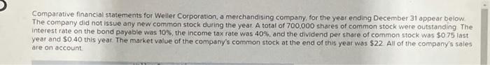 Comparative Financial Statements For Weiler Corporation A Merchandising Company For The Year Ending December 31 Appear 1