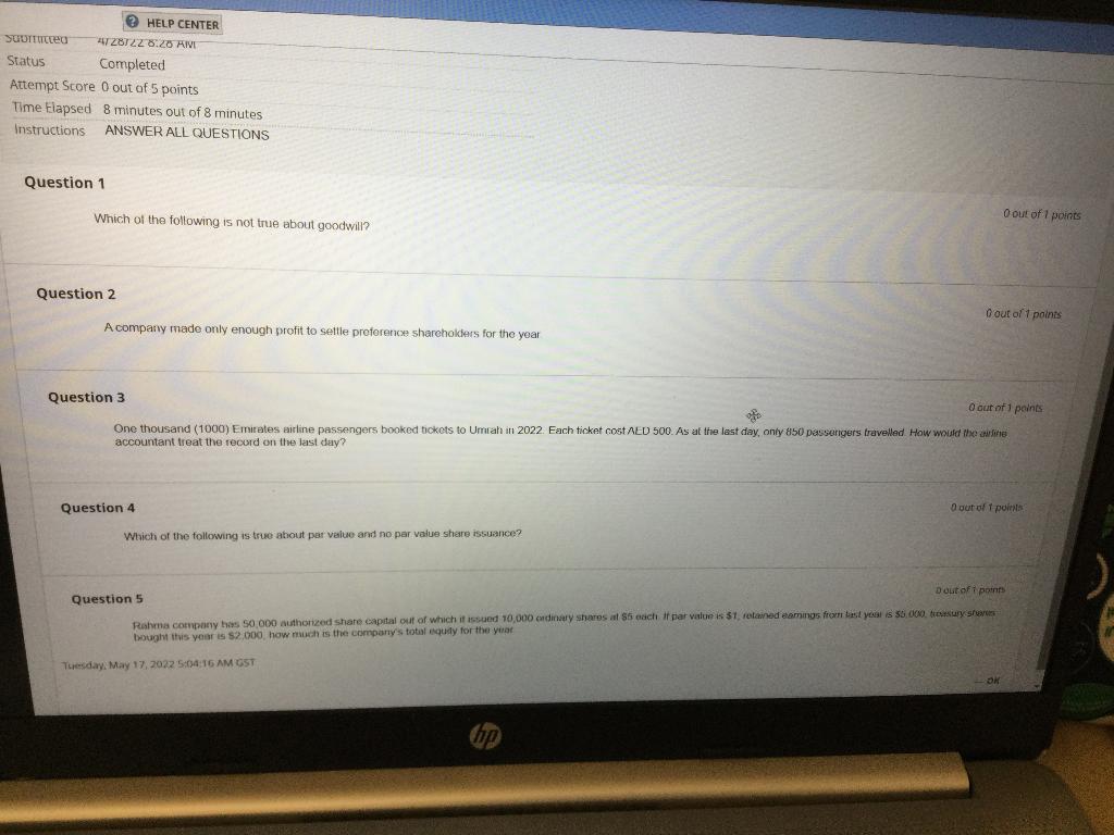 Help Center Sgutted 4728t2z 8 28 Rive Status Completed Attempt Score 0 Out Of 5 Points Time Elapsed 8 Minutes Out Of 8 M 1
