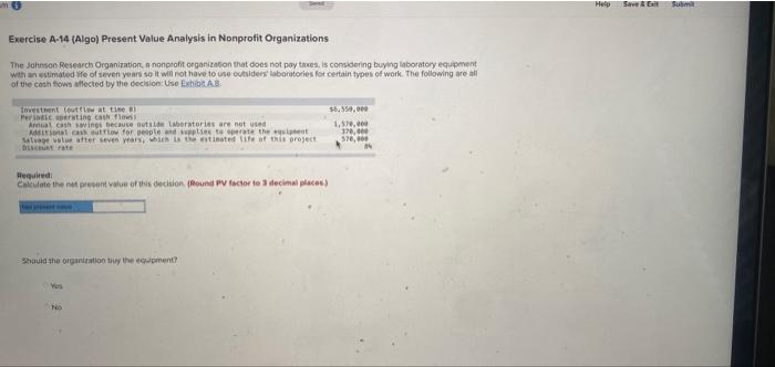 Help Save Sum Exercise A 14 Algo Present Value Analysis In Nonprofit Organizations The Johnson Research Organization 1