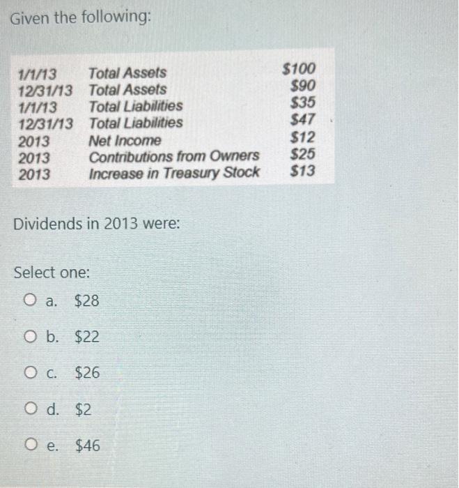Given The Following 1 1 13 Total Assets 12 31 13 Total Assets 1 1 13 Total Liabilities 12 31 13 Total Liabilities 2013 1