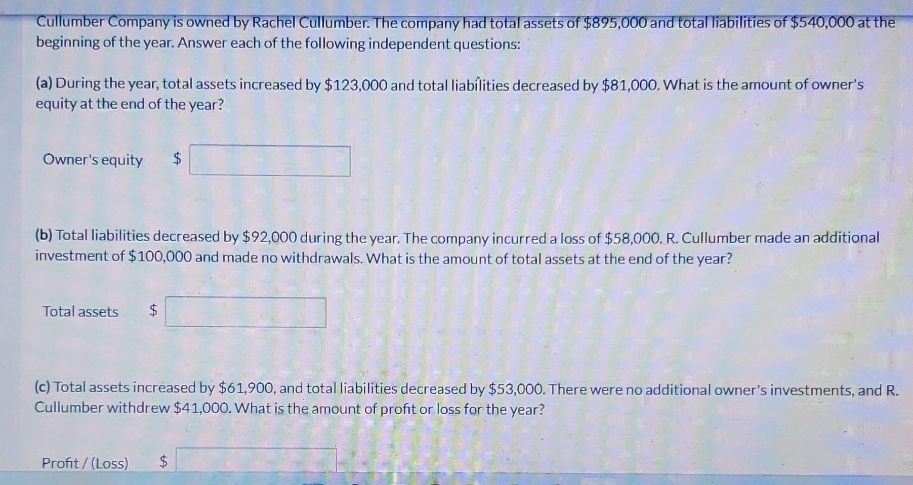 Cullumber Company Is Owned By Rachel Cullumber The Company Had Total Assets Of 895 000 And Total Liabilities Of 540 0 1